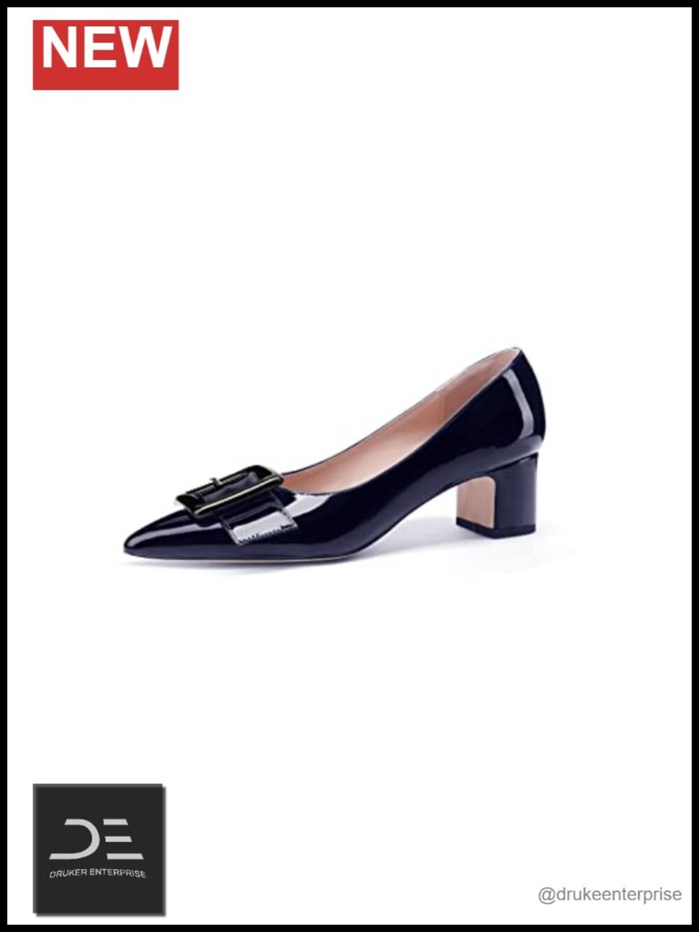 Women's Gold Metal Rectangle On Solid Patent Pointed Toe Chunky Low Heel Pumps